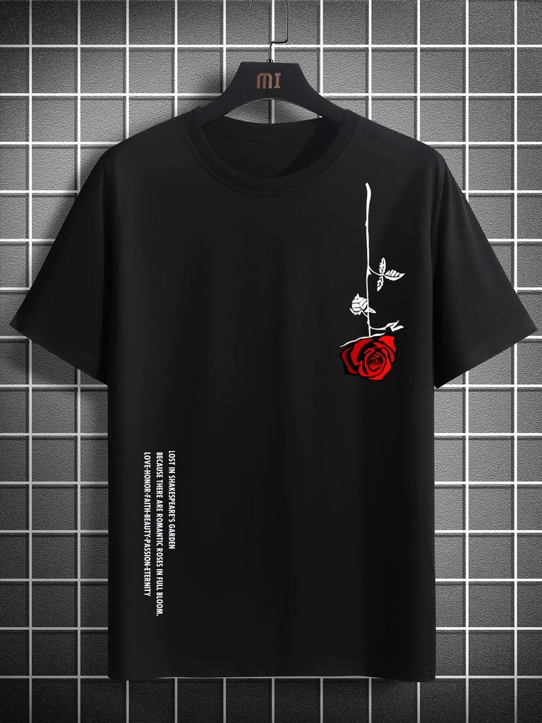 Summer new rose print men's T-shirt loose size 100% cotton rose print casual slim round neck short-sleeved T-shirt top