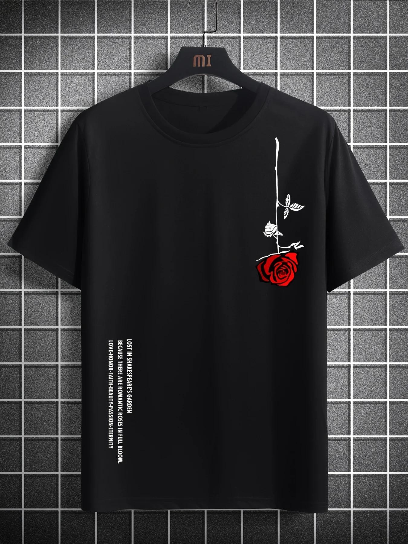 Men s summer loose size 100% cotton rose print casual slim round neck fashion short sleeve T-shirt top - Men s Summer Cotton ... S разноцветный