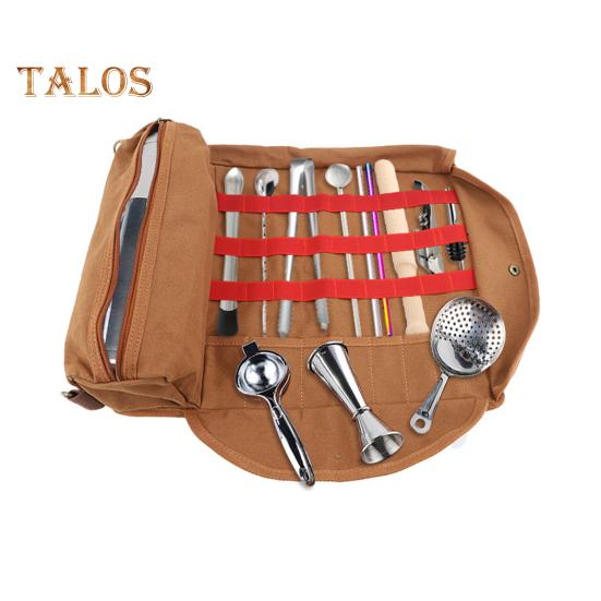Portable Bartender Bag Travel Canvas Bar Kit Bag Large Capacity Multiple Compartments Bar Tools Carrying Bag
