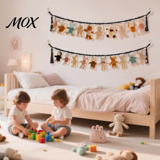 Nursery Room Wall Decor Stuffed Doll Cotton Hanging Storage Chain, Mounted Organizer with Plushie Display Chain Metal Clips, Boho Strap for