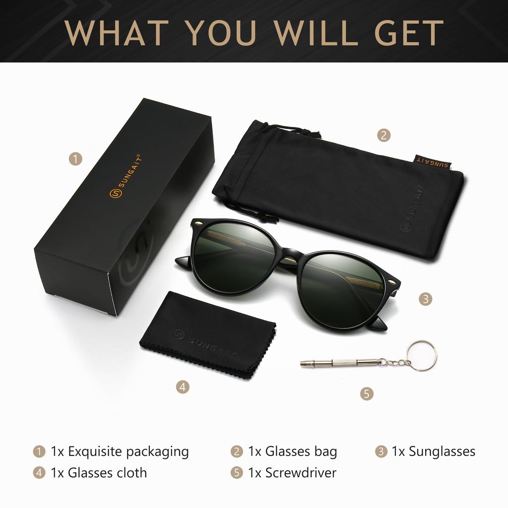 Sunglasses UV Protection Boston Wellington Sunglasses Retro Round Stylish Soft Feel Driving Sea Travel Frame Green [SUNGAIT] Women's Men's (Black