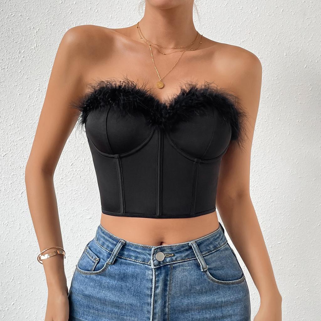 Faux Fur Tank Top Off-shoulder Crop Tops Women Summer Strapless Steel Camis Fishbone Camisole Fashion Tube Female Sleeveless Cropped Vest Y2K Clothes