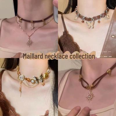 Collier Choker Papillon Marron Maillard Hottie Américain - Chaîne Clavicule Rétro en Cuir