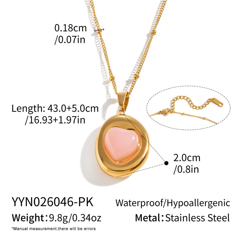 X&L Sweet Heart Irregular Wavy Pink Natural Stone Pendant Necklace 18K Gold Plated Stainless Steel Waterproof Fashion Jewelry