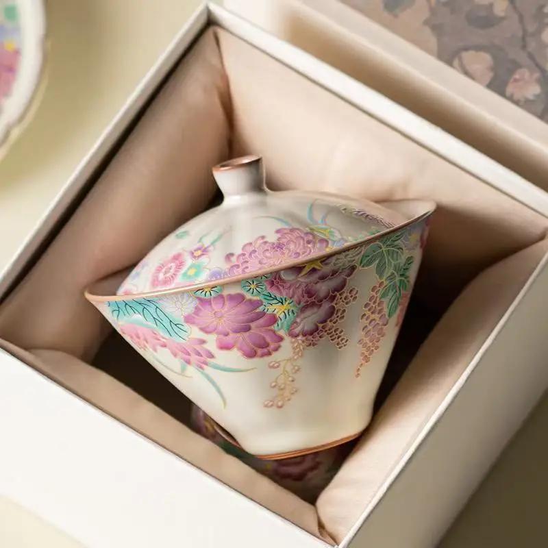 1Pc 125ML Lard Frozen Small Garden Hat Cover Bowl Retro Household Three Talents Tea Bowl Kung Fu TeaSet Ceramic Teacup with Lid