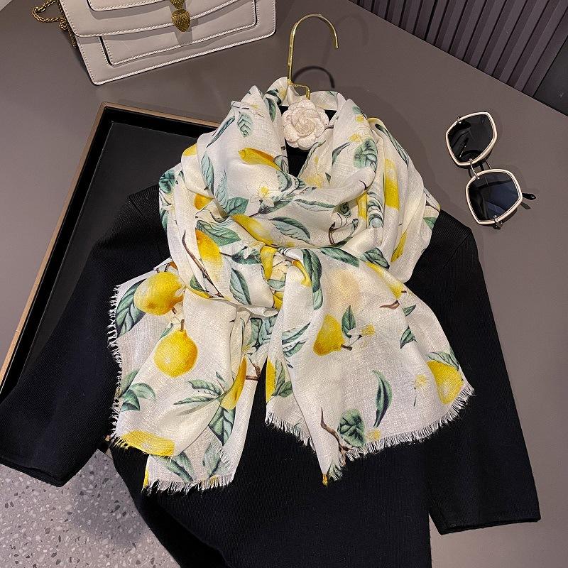 New Fashion Lemon Tree Floral Viscose Soft Scarf Boho Chic Thin Fringe Shawl Women Perfect for Travel & Casual Muslim Hijab