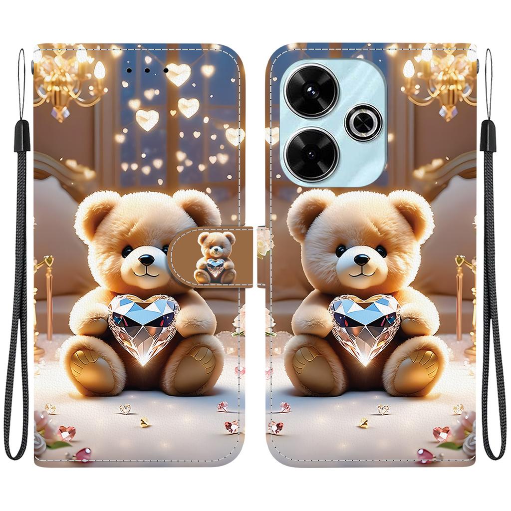 Handmade PU Leather Flip Case for Xiaomi Redmi 13 (4G) / Xiaomi Poco M6 4G Anti-Slip Shockproof Cover with Wrist Strap & Heart/Rose Cat Designs