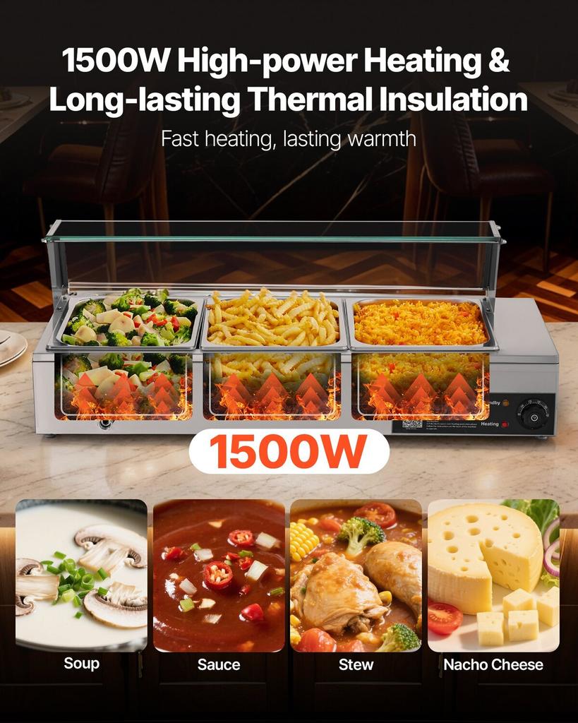 Commercial Food Warmer, 1500W Electric Stainless Steel Steam Food Warmer with Glass Cover, Countertop Buffet Bain Marie with Three 1/2 Size Food Pans,