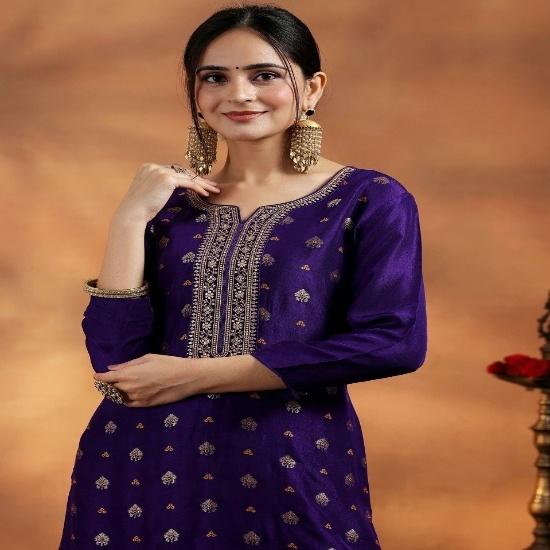 Women's Royal Purple Silk Banarasi Kurta with Straight Pants and Magenta Dupatta Set