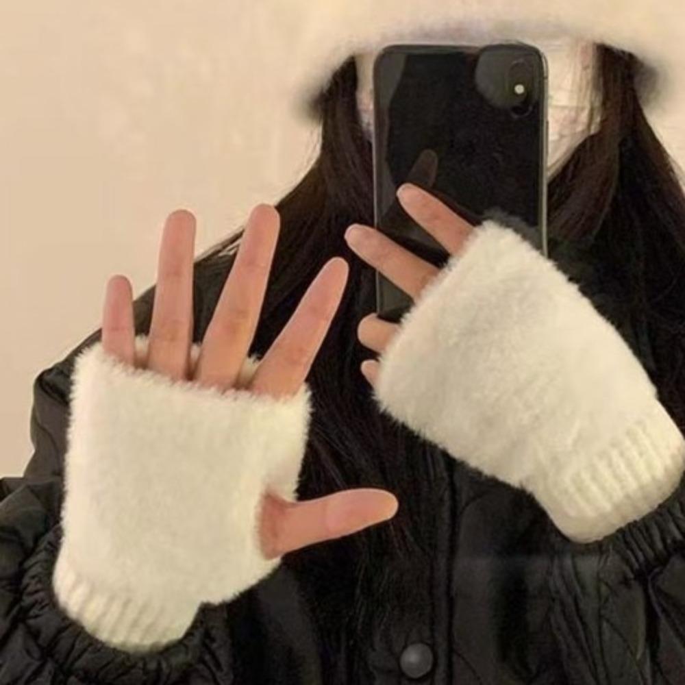 Soft Winter Half Finger Gloves Women Warm Luxury Solid White Plush Knitted Fingerless Gloves Wrist Mittens