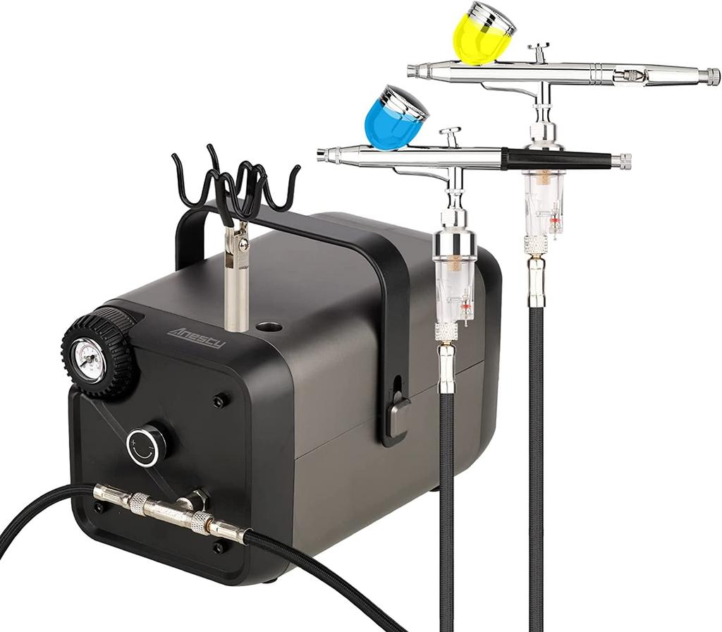 Anesty AHPBox 2in1 Airbrush Compressor Quick Color Change Compressor for Airbrush Can Connect 2 Airbrushes Nozzle Diameter Painting Tool 0.2/0.3/0.5mm