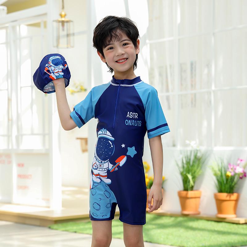 Children's Boys' One-Piece Short-Sleeve Swimsuit: Medium & Large, Quick-Dry, UV Protection