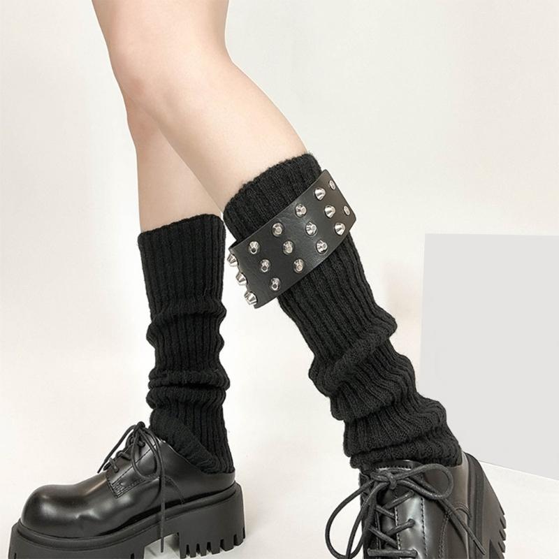 Gothic Punk Ribbed Knit Leg Warmer Sleeve with Metal Rivets Leather Belt Motorcycle Boot Covers Footless Socks for Women