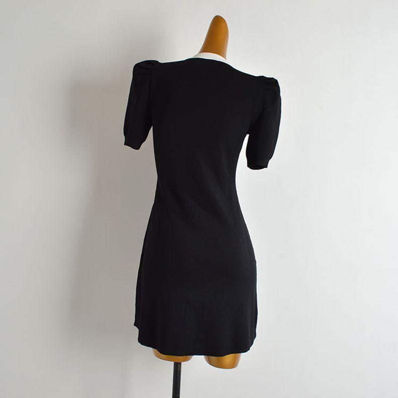 French New Arrival Color-Block V Neck Fastener Decoration Pleated Short Sleeves Knitting Dress Female Silm Mid Length Long Length Bodycon Dress