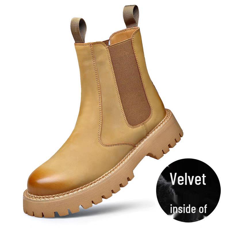 Men's High-Top Genuine Leather Martin Boots - Yellow, Thick Sole, Lightweight, Elastic Slip-On, Warm, Casual Work Boots for Autumn and Winter.