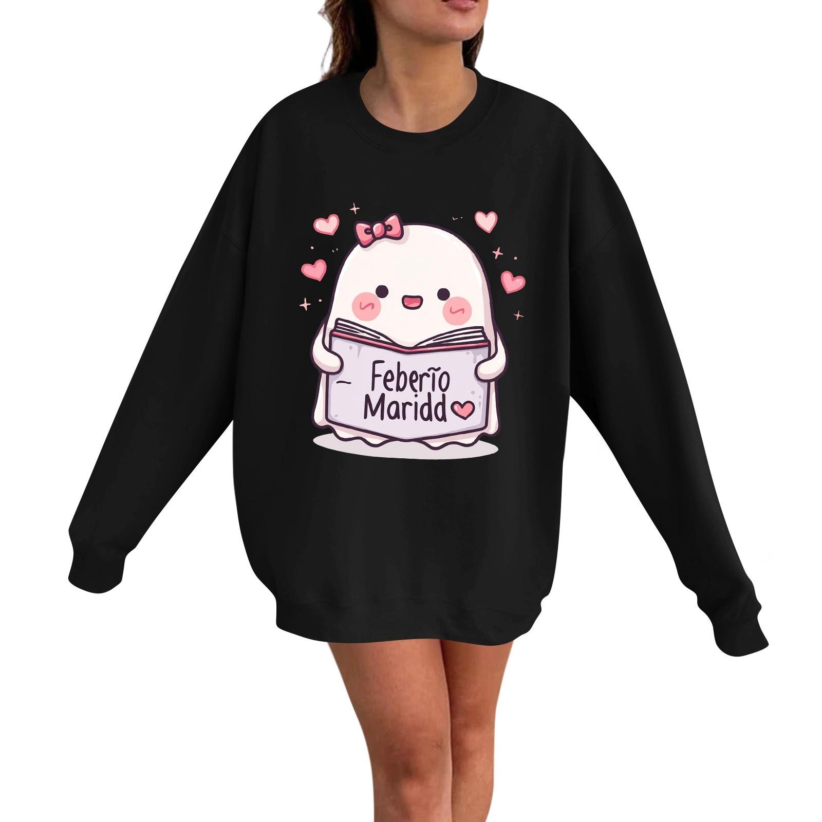 

Женский повседневный модный пуловер с длинным рукавом и принтом на Хэллоуин, с круглым вырезом L чёрный