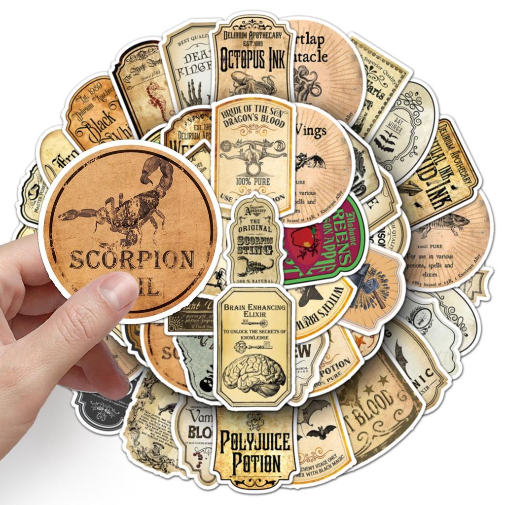 50pcs Waterproof Retro Potion Label Stickers for Journals, Phone Cases, and Suitcases