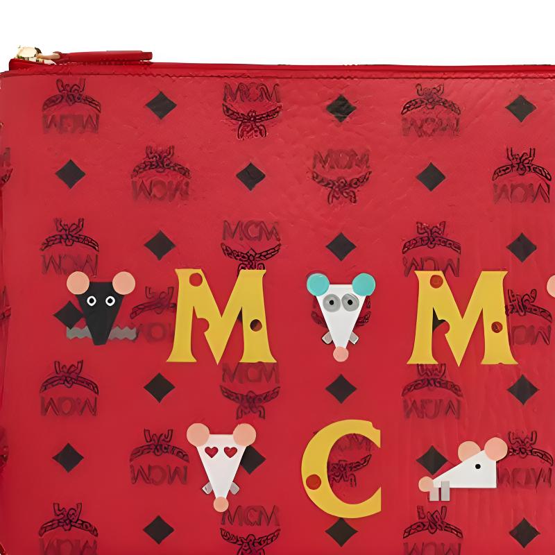MCM Year of the Rat Clutch Bag, Red Visetos Monogram Wristlet with Mouse Print, for Daily Travel Shopping Cosmetics MXZASXL02RJ001