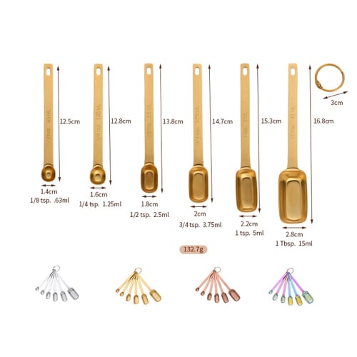 Set of 6 Measuring Spoons, Condiment Spoons, and Cooking Spoons, Made of 18-8 Stainless Steel, Convenient Small Items, Compact Storage, Non-Slip, Styl