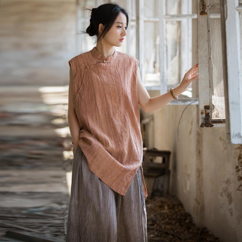 Johnature Women Vintage T-Shirts Sleeveless Summer Stand Tie-dye Chinese Style Button Long T-Shirts