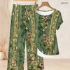 Women Plus Size Multicolor Printed Round Neck Short Sleeve Top And Long Pants Two Piece Set