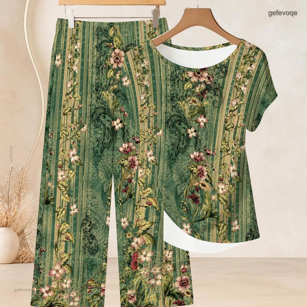 Women Plus Size Multicolor Printed Round Neck Short Sleeve Top And Long Pants Two Piece Set