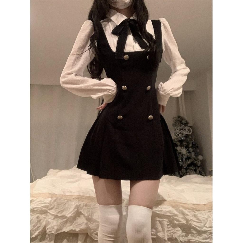 Spring and autumn new female rich daughter waist thin French strap fake two-piece dress children