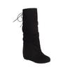 Ladies' Fashionable Solid Color Casual Boots with Pleated Detail Comfy Wedges Heels Slouch Boots Mid Calf Back Lace Up Shoes