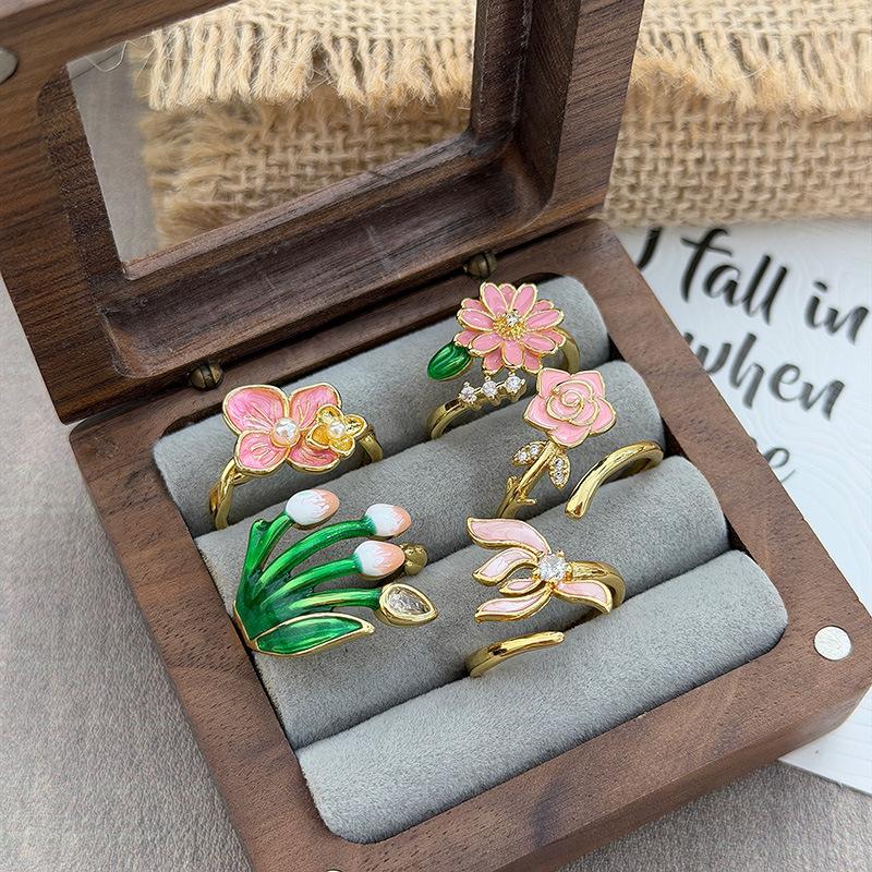 Sweet Stacked Enamel Dripping Oil Flower Temperament Open Ring Women'S Fashion Niche Design Sense Light Luxury Ring