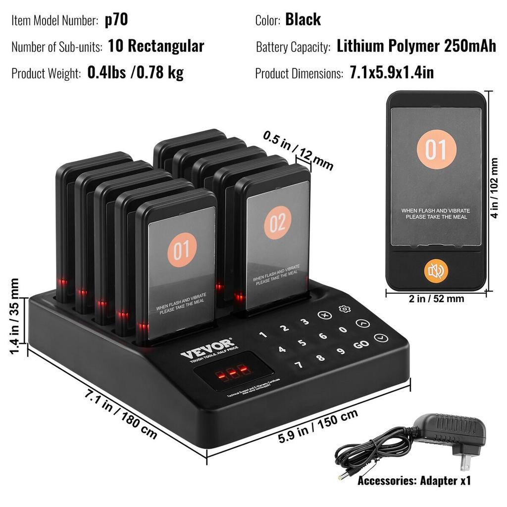 Restaurant Pager System, Wireless 400m Long Range Lineup Waiting Queue Signal, Guest Customer Calling Beepers with Vibration & Flashing, 10 Buzzers