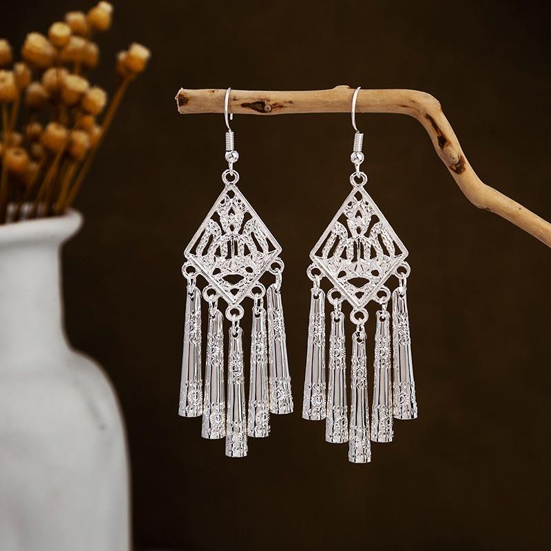 Miao geometric bells, fringed earrings, minority earrings, bohemian long leaf earrings
