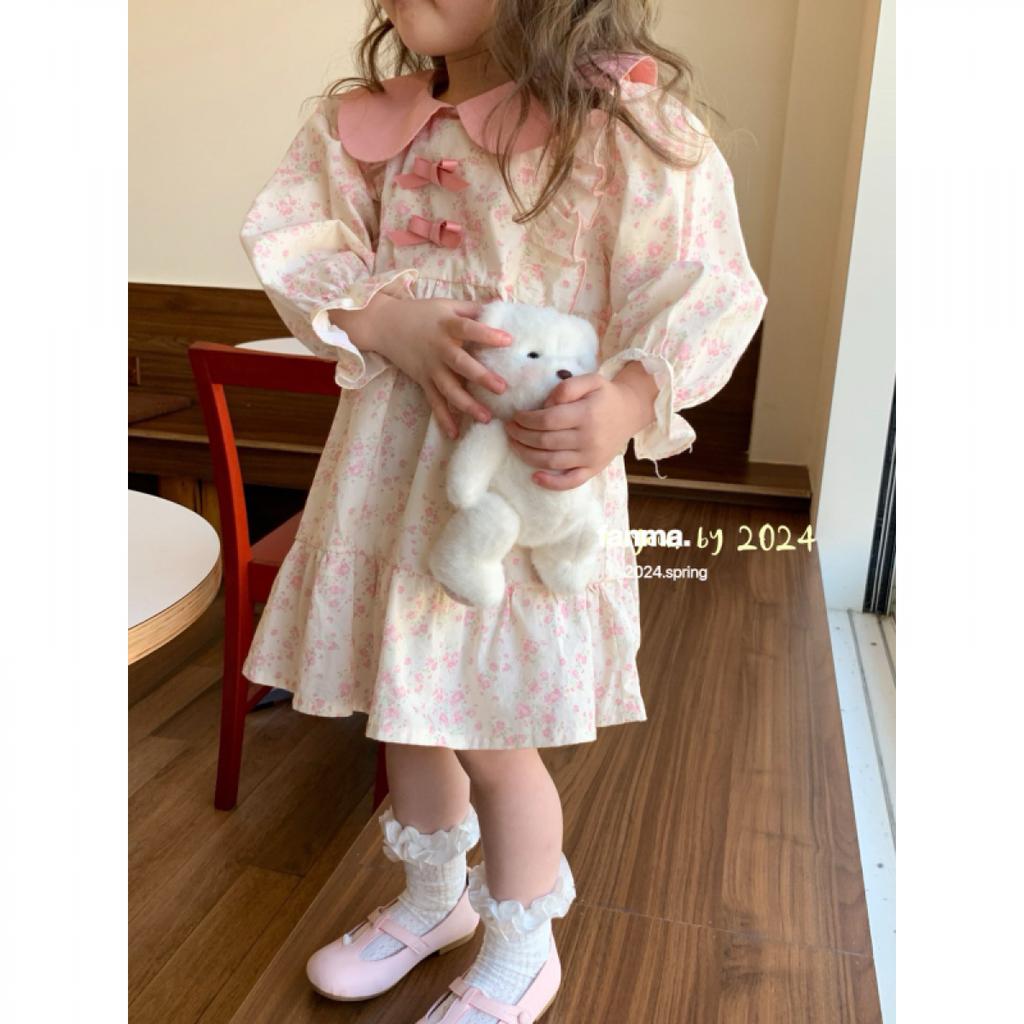 Vestido de menina francesa primavera e outono estilo coreano floral elegante vestido de princesa infantil
