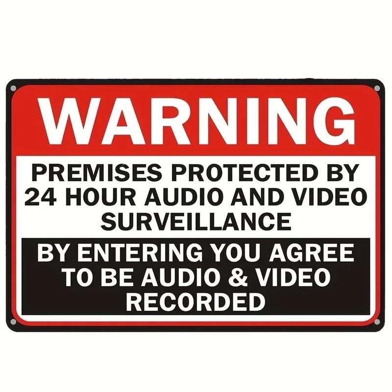 Hisun Tin Sign HD Tin Sign Bilingual Security Warning Wall Decor Retro French English Video Surveillance Metal Poster for Business Home