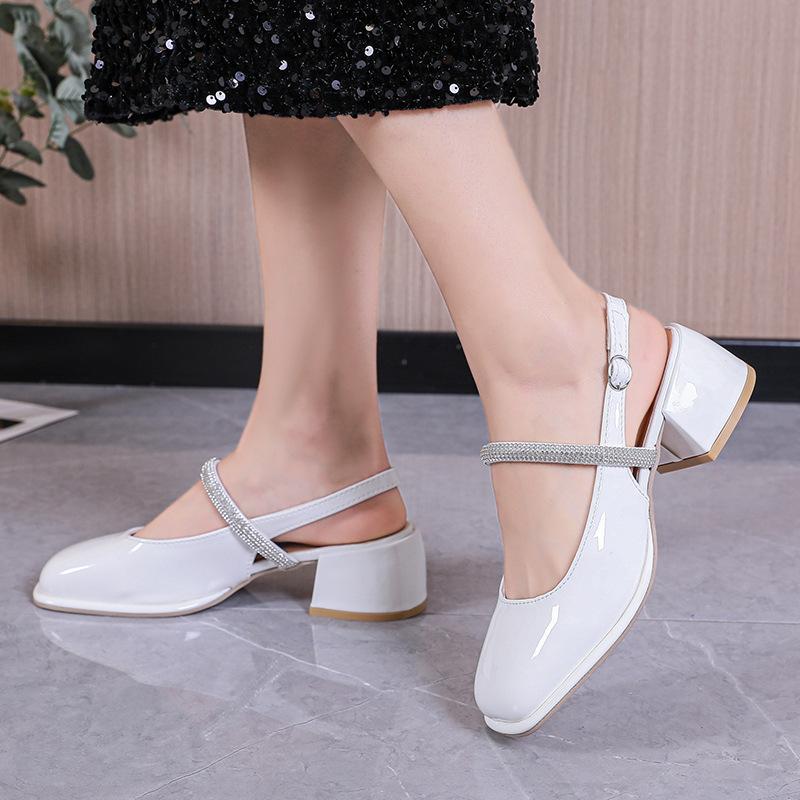 Size Large Size Women's Shoes Feet Wide Fat Baotou Thick Heel Sandals Women's Head Rhinestones Mary Jane Button High Heels