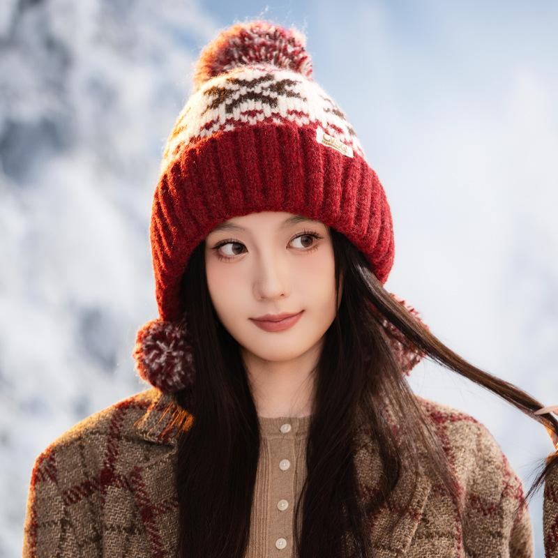 Ladies Snowflake Christmas Wool Hat Winter Fleece Thickened Cold Warm Hat Outdoor Travel Ear Hat New
