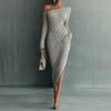 2026 European & American Women's One-shoulder Long Sleeve Slim Wool Dress - Autumn/Winter