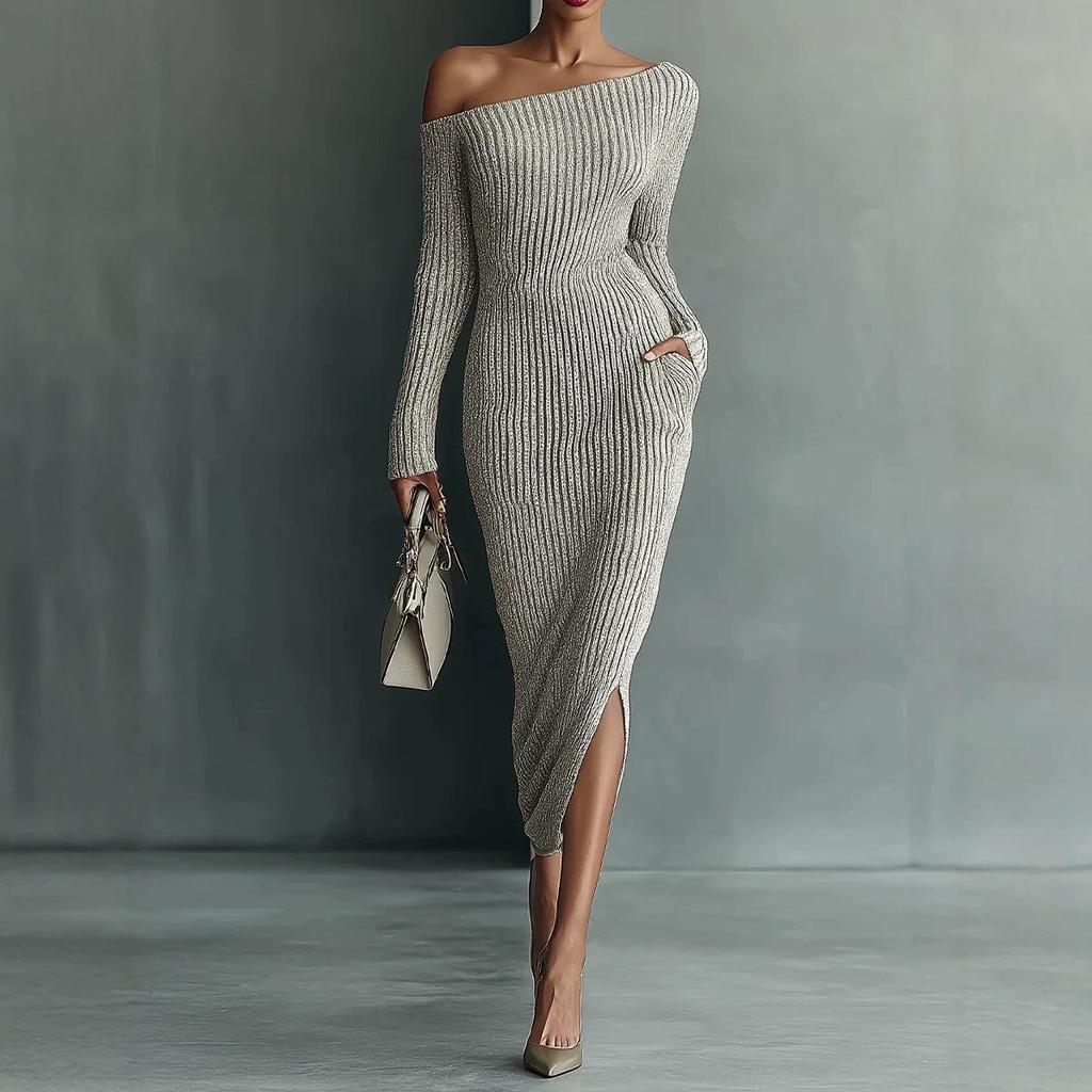 2026 European & American Women's One-shoulder Long Sleeve Slim Wool Dress - Autumn/Winter