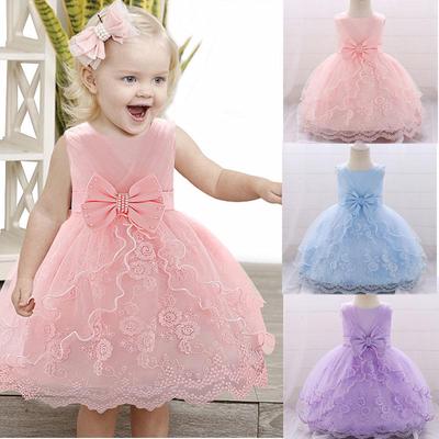 Lace Flower Embroidery Bow Baby Dress for Christening Princess Wedding Party Formal Kids Girls Dress KTB