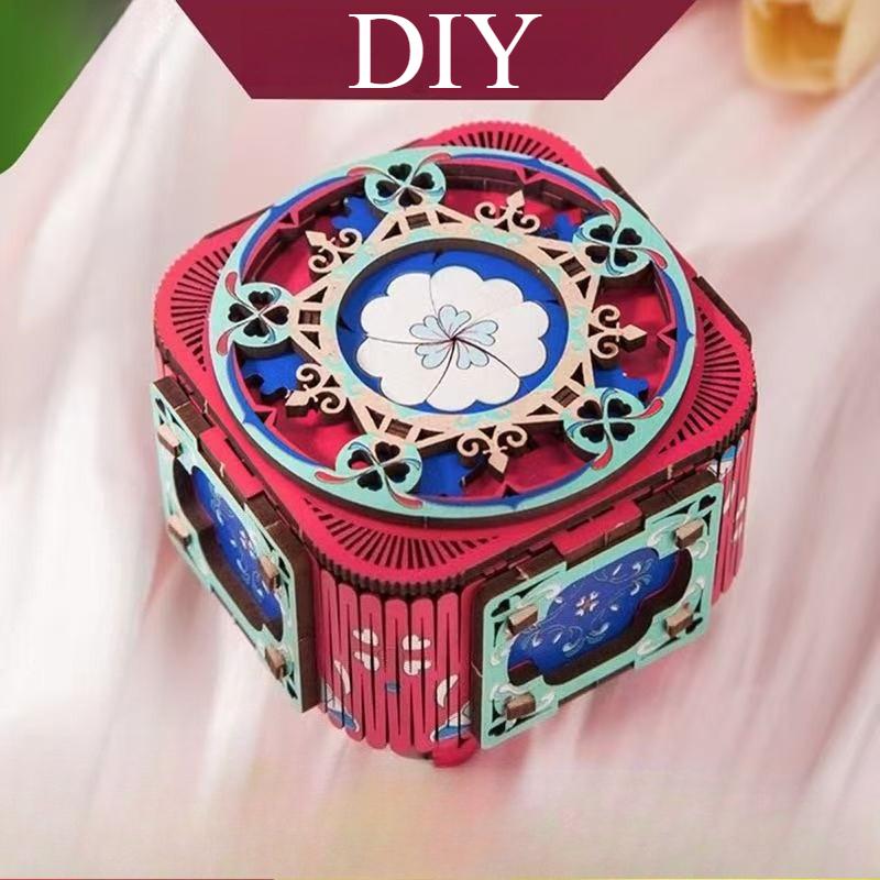 1 szt. 3D Podświetlana Pozytywka Drewniany Zestaw do Samodzielnego Montażu Pudełko na Biżuterię Kreatywny Prezent