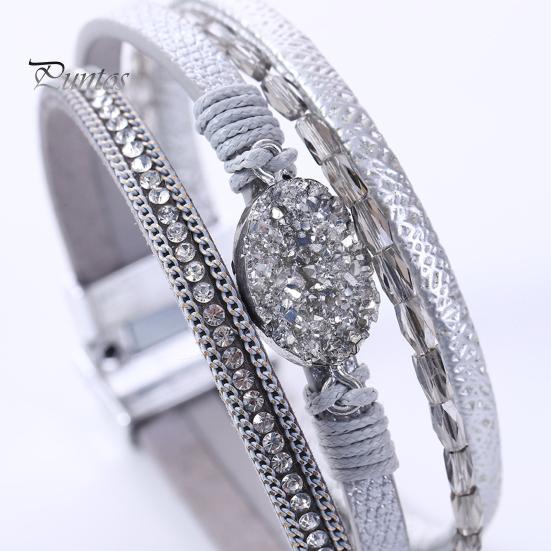Women Cuff Bangle Four Layers Faux Crystal Rhinestone Retro Fake Leather Magnetic Clasp Girls Wrap Bracelet Fashion Jewelry Gift