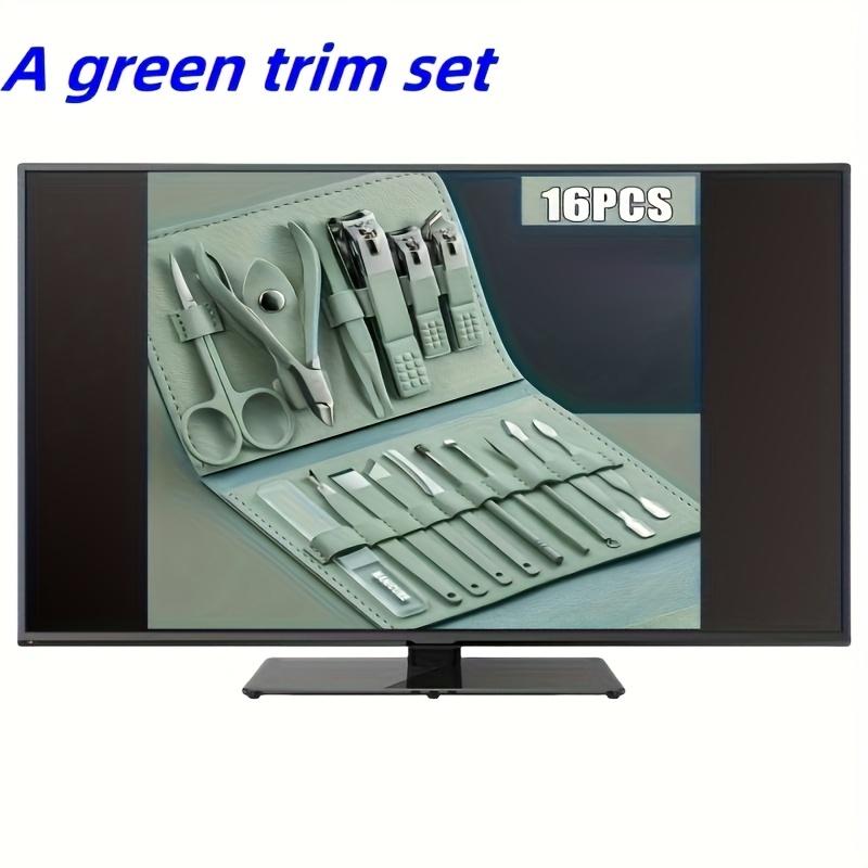 

16pcs Premium Stainless Steel Nail Care Kit with Straight Edge Nail File, Ear Pick, and Scissors - Modern Style Professional Travel Beauty Tools зелёный