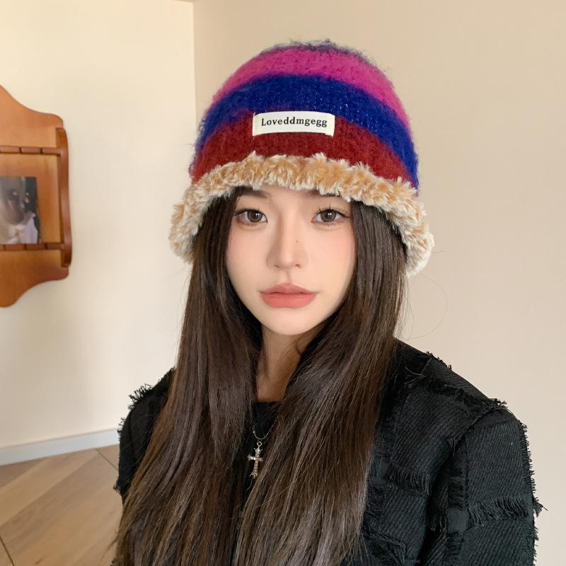 Autumn and Winter New Hat Women's Retro Niche Design Sense Knitted Fluffy Bucket Hat Colored Warm Ear Protector Basin Hat