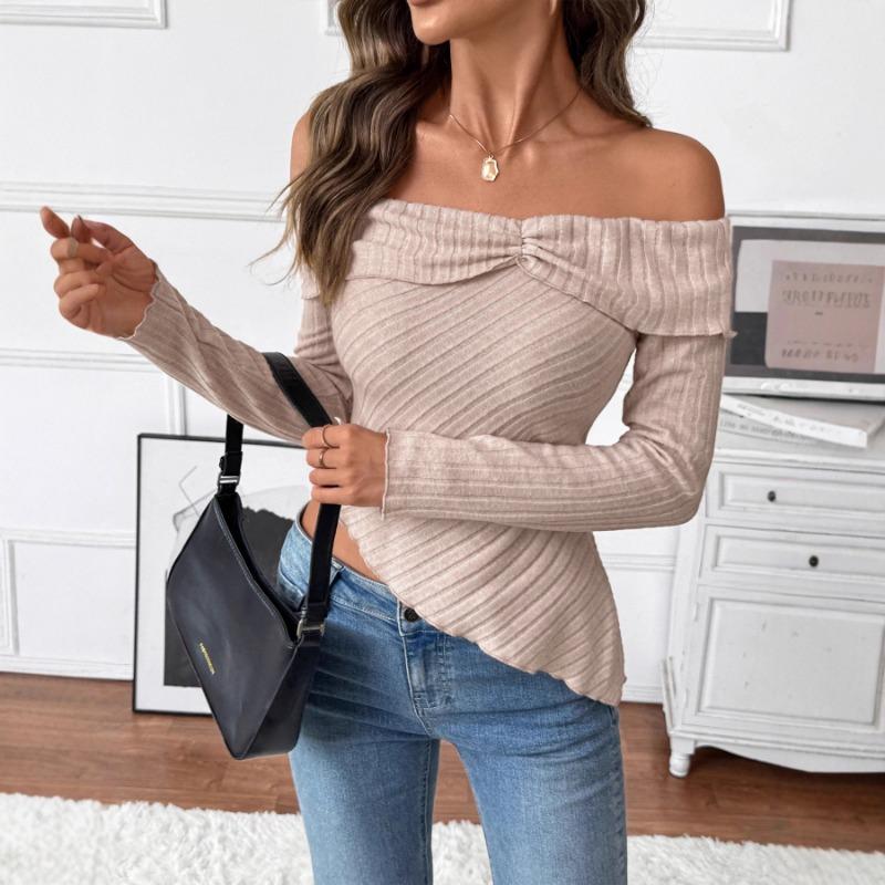 Spring Autumn Sexy Off the Shoulder Irregular Knitting Top Women Slim Casual All-match Long Sleeve Sweater Tee