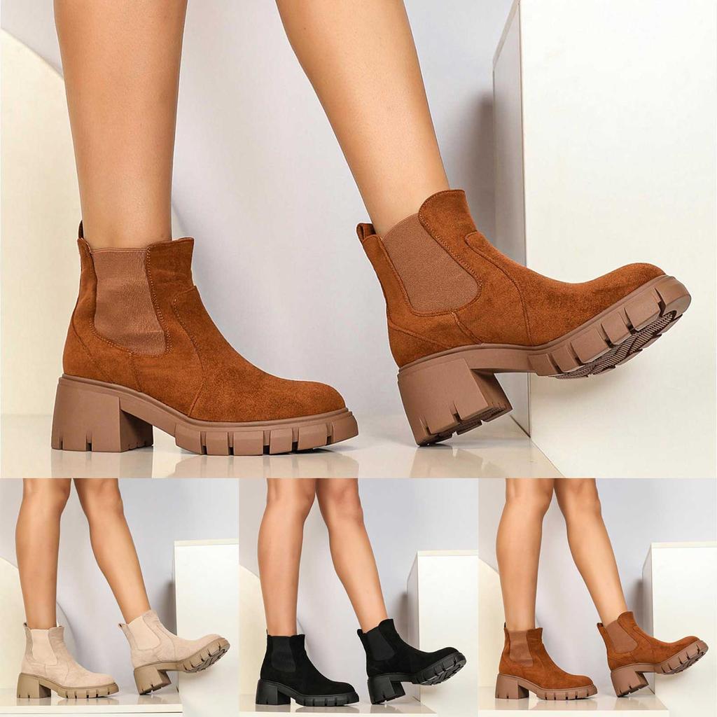 Women'S Ankle Boots Fashion Comfy Mid Heel Elastic Chunky Heel Lug Sole Booties Botas Invierno Mujer Botines Para Mujeres