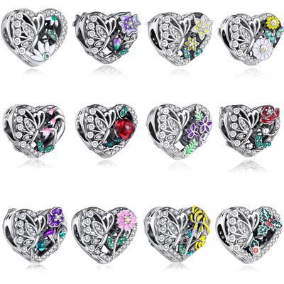 Shiny Copper Metal Pav White Zircon Butterfly & Flower Dangle Charm Bead Component Compatible With Brand Bracelet High Quality Fine Jewelry Designed