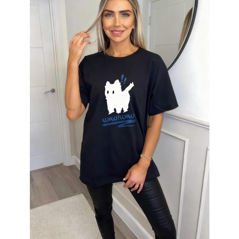 Oversized T Shirt Black Cute White Dog With Wow Text Print Casual Wear For Women Summer Outfit Street Style Fashion Top