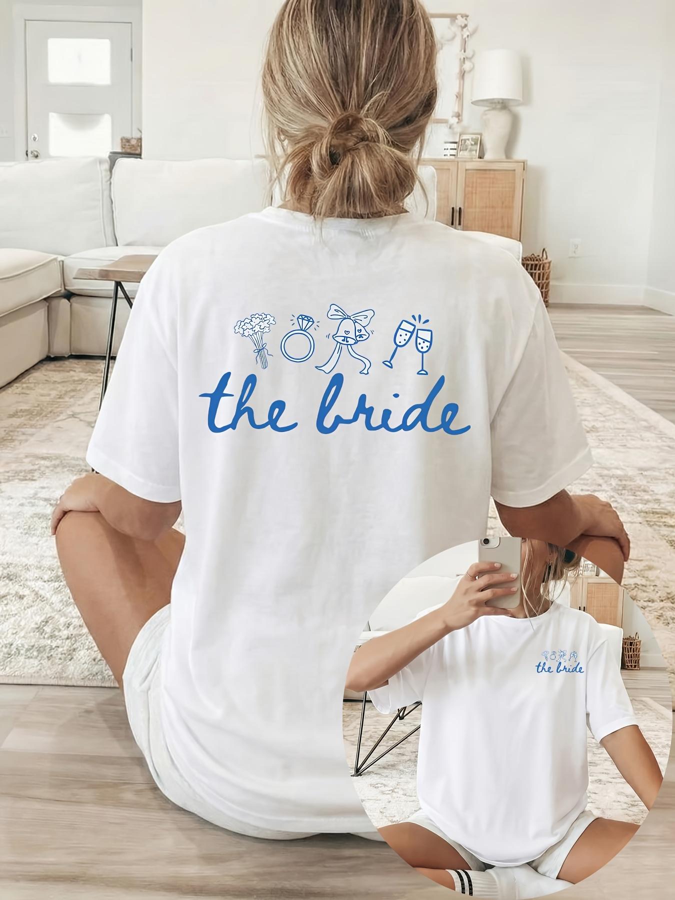 

[Double-sided Print] Women s T-shirt, Short-sleeved Round-neck Casual Top, Blue Bridal Theme Print Featuring Bouquet, Ring S белый