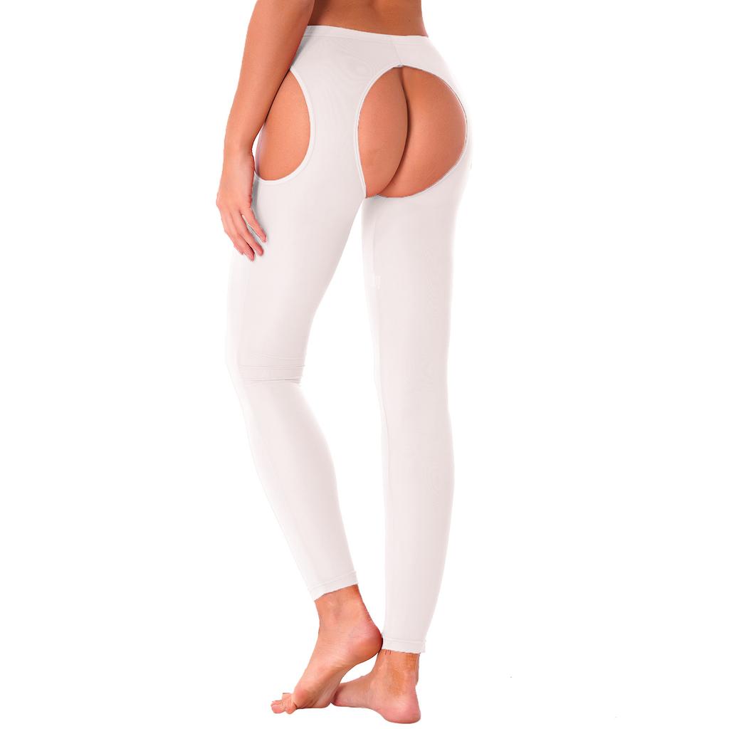 Womens Hollow Out Leggings Glossy Elastic Waist Crotchless Design Stretchy Nightwear Bottoms