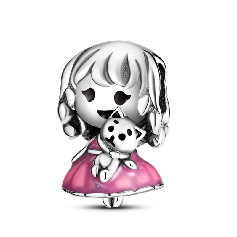 Abalorios de búho morado para mujer, de Plata de Ley 925, encantador perro gato con colgante de corazón, pulsera DIY, joyería Original