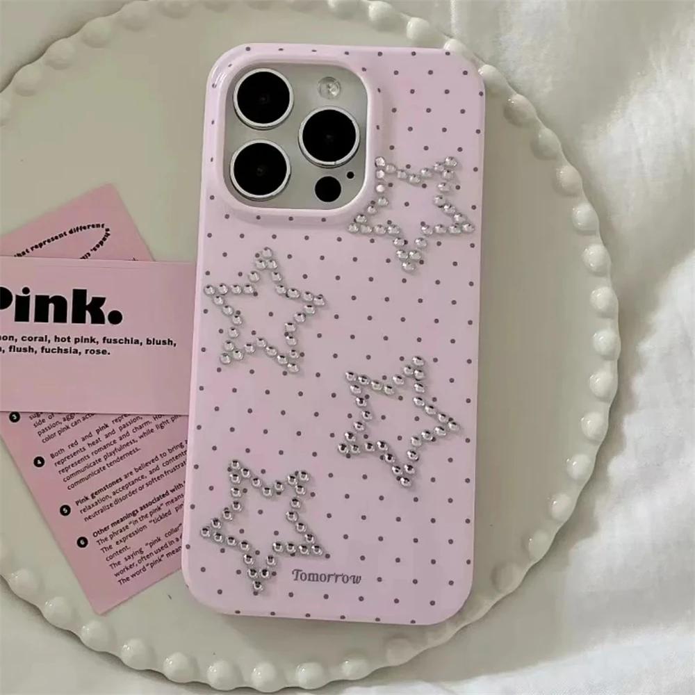 Korean Y2K Chic Glitter Rhinestone Star Phone Case For iPhone 16 15 14 13 Pro Max Cute Polka Dot Cover Stylish Girl Shell